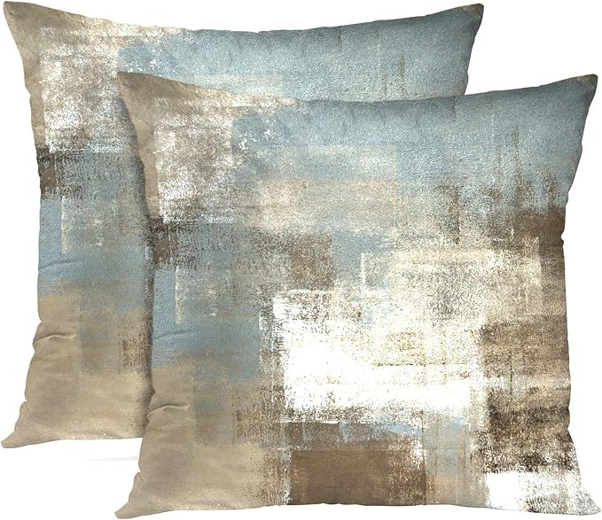 Throw Pillow Covers Set of 2, 18 x 18 Inch, Grey Beige Teal | Abstract Modern Art Outdoor Decorative Square Pillow Cases Couch Cushion Case for Couch Bed Sofa Living Room Home Decor