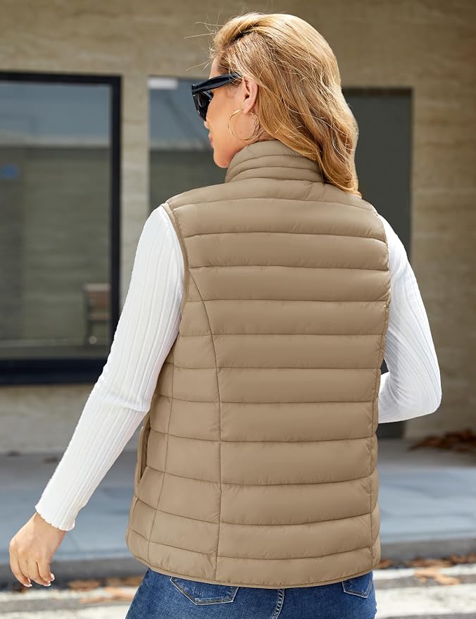 MAGCOMSEN Women's Puffer Vest Lightweight Stand Collar Zip 4 Pockets Puffy Vests Sleeveless Quilted Padded Outerwear