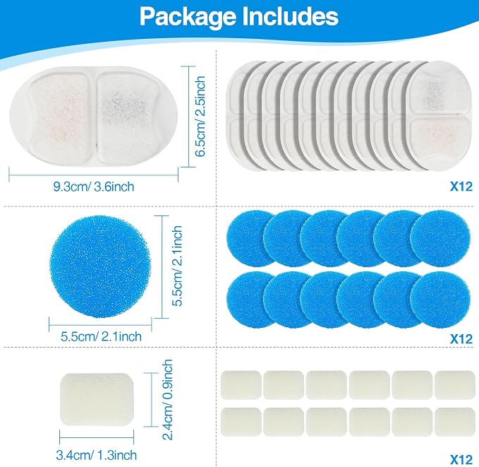 MISFANS Ceramic Dog Water Fountain Filters, 36-Piece Replacement Set | 12 Filters, 12 Pre-Filter Sponges, 12 Pump Sponges, Multilayer Media, Fits MISFANS 4L Ceramic Fountains, 3-4 Month Supply