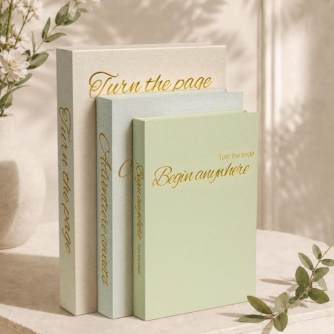Decorative Book Storage Box Set of 3, Linen Faux Books for Coffee Table, Stylish Decorative Books for Bookshelf, Photo Organization, Keepsake Storage, Home Decor, Grass Green