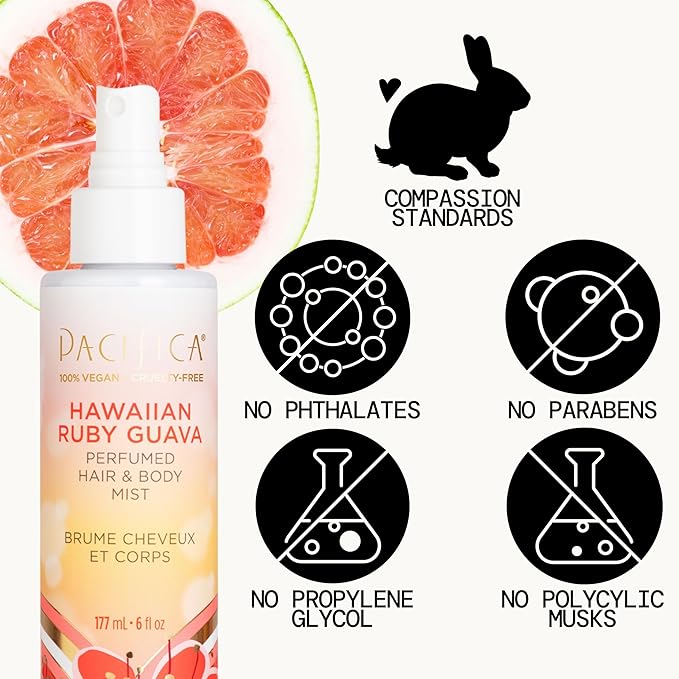 Pacifica Hawaiian Ruby Guava Hair Perfume & Body Fragrance Spray Mist - Body Mist Fragrance w/Grapefruit, Patchouli, Sugar Notes & Geranium Clean Beauty Alcohol-Free, Vegan & Cruelty-Free, 6 oz