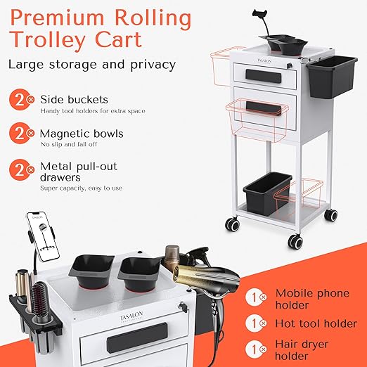 TASALON Salon Trolley Cart with Wheels, 2 Magnetic Bowls & Drawers | Mobile Hair Stylist Station for Tools Storage, Rolling Organizer Cart for Barber & Tattoo Supplies - White