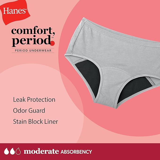 Hanes Girls' Period Underwear Boxer Briefs, Comfort Period Boxer Brief Panties for Girls, Moderate Protection