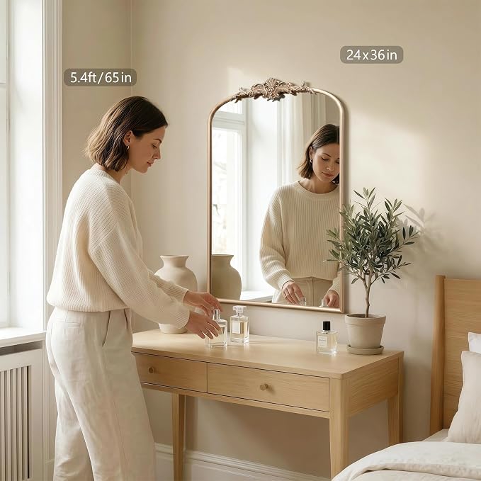 Besdomus Antique Large Wall Mirror: 24"x36" French Arched Vanity Mirrors | Champagne Baroque Vintage Decorative - Traditional Ornate for Entryway/Dresser/Over Sink - Ideal for Bathroom Renovations