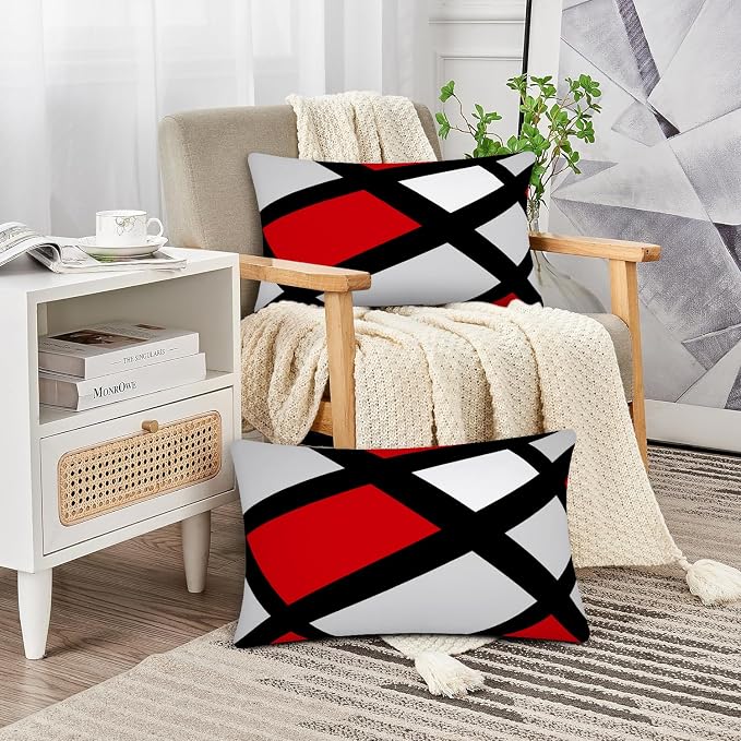 Modern Art Geometric Pillow Cover, Decorative Throw Pillow Covers Red Black Abstract Artwork Cushion Cover for Bedroom Sofa Living Room 12 x 20 Inch Set of 2