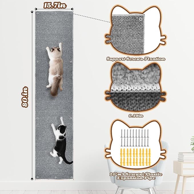 80"x15.7" Cat Wall Scratching Mat, Extra Large Cat Climbing Carpet with 20 Fixed Nails Wall Scratcher Furniture Protector for Couch, Sofa, Home (Grey)