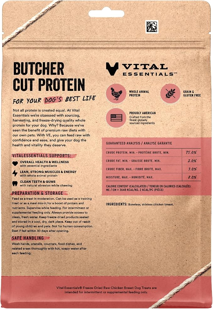 Vital Essentials Freeze Dried Dog Treats, Chicken Breast, 10 oz Bag | Single Ingredient, Premium Quality Protein, Grain-Free Training Treats, USA Made with U.S. & Globally Sourced Ingredients