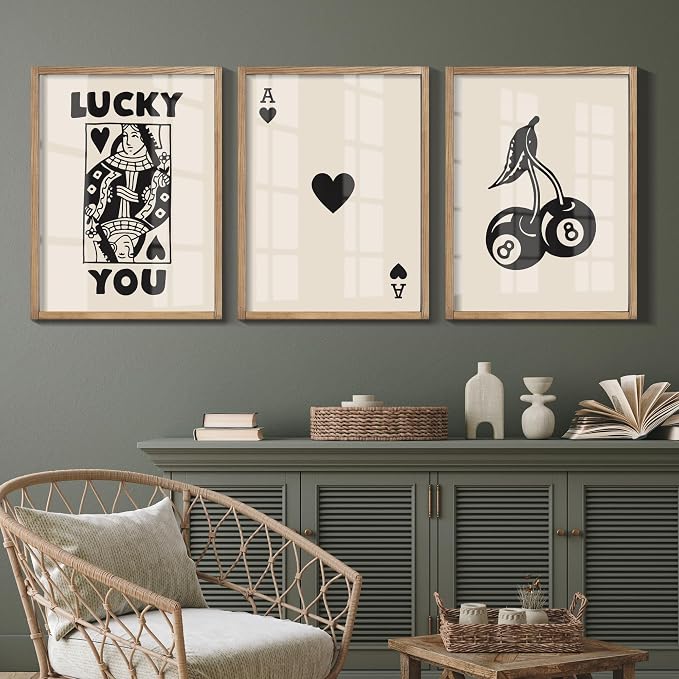Heiple Framed Set of 3 Poker Wall Art Lucky You Poster, Trendy Retro Print Wall Decor for Queen of Hearts Wall Art Rustic Vintage Farmhouse Home Wall Decor（Brown 12"x16"）