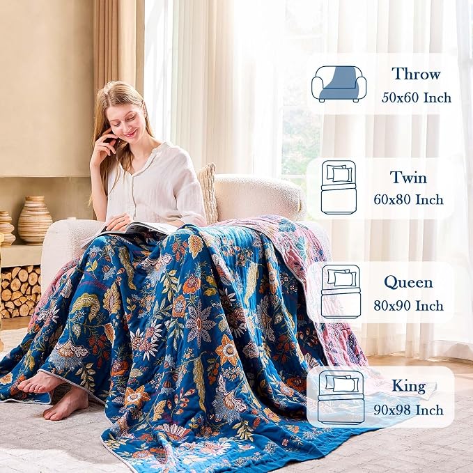 XIBLC Fall Throw Blanket for Couch, Blue Boho Decorative Throw Blanket, 100% Cotton Muslin Breathable Woven Farmhouse Blankets Quilt, 60"x80" Reversible Lightweight Blankets Bohemian Throw Quilt