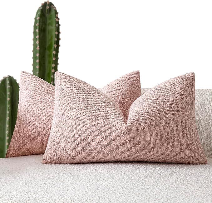 Foindtower Pack of 2 Textured Boucle Throw Pillow Covers Accent Solid Decorative Lumbar Pillow Cases Cozy Couch Cushion Case for Chair Sofa Bedroom Living Room Home Decor 12x20 Inch Sakura Pink