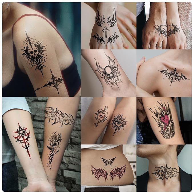 Yazhiji 77 Sheets Cyber Sigilism Temporary Tattoos Adult, 17 Sheets Cyber Seal Fake Arm Chest Shoulder Tattoo Stickers, 60 Sheets Tiny Black Tattoos for Women Men Kids