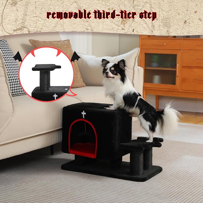 Gothic 3-in-1 Cat Stairs with Scratching Post & Condo, Pet Steps | Pet Steps for High Beds, Sofa, Couch, Tall Cat Tower, High-Strength Boards for Indoor Small Cats Kittens Dogs Climbing Play