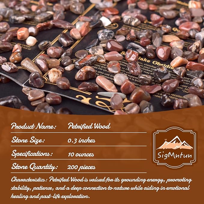 Polished Petrified Wood Crystal Chips 200 Pcs - 0.3" 10 oz Tumbled Stone Chips Crushed Sea Glass Stones Healing Reiki Crystal Making Home Decoration