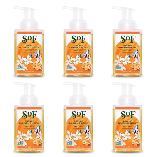 SoF Hydrating Foaming Hand Wash - With Organic Agave Nectar & Coconut Oil- Vegan & Non GMO- Free From Phthalates, Sulfates & Parabens- Orange Blossom & Honey - 8 oz Bottle 6 Pack