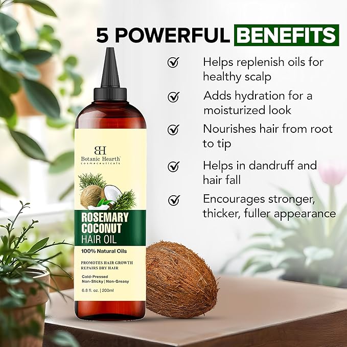Botanic Hearth 100% Pure Rosemary Oil For Hair Growth & Hair Treatment Oils | Infused with coconut Oil | Hair Oil Repairs Dry Damaged Hair, Strengthening, Healthier - Hair Tonic, 6.7 fl oz
