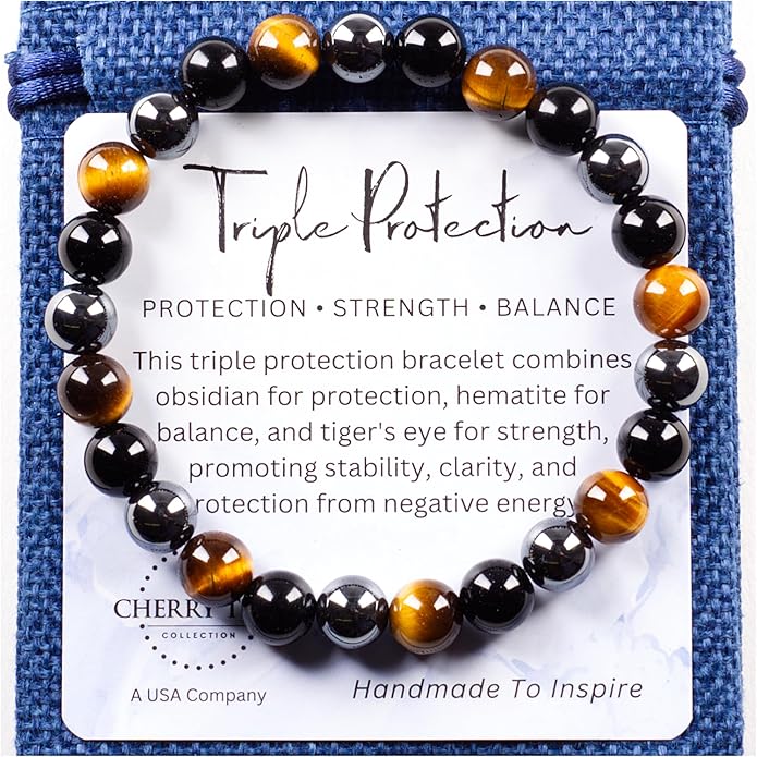Cherry Tree Collection – Handmade Crystal Bracelets with Black Obsidian, Tiger’s Eye and 6 Other Gemstones for Men & Women – 8mm Beaded Bracelet for Healing, Protection & Positive Energy–Sizes S/M/L