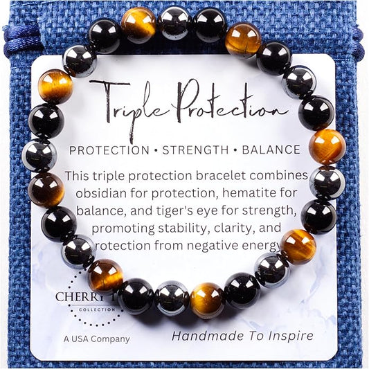 Cherry Tree Collection – Handmade Crystal Bracelets with Black Obsidian, Tiger’s Eye and 6 Other Gemstones for Men & Women – 8mm Beaded Bracelet for Healing, Protection & Positive Energy–Sizes S/M/L