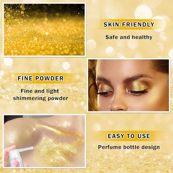 AWCCXMYM Body Glitter Spray Sparkle Hairspray Highlighter Glitter Shiny Spraay for Hair and Body,Face Glitter Powder for Halloween,Christmas,Concert Accessories Party Body Makeup(Gold)