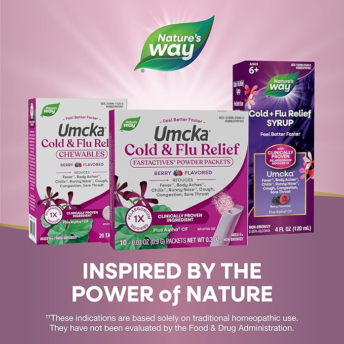 Nature's Way Cold + Flu Relief FastActives, Umcka, Homeopathic, Fever*, Sore Throat, Cough, Congestion, Phenylephrine Free, Non-Drowsy, Berry Flavored, 10 Packets (Packaging May Vary)