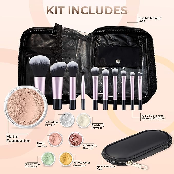 19 pc STARTER KIT w/BRUSHES & CASE (LIGHT TAN) Mineral Makeup Foundation Blush Bronzer Illuminating Veil Set Bare Skin Matte Powder