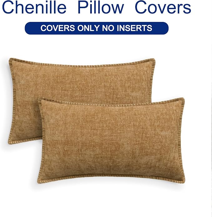 CaliTime Decorative Couch Throw Pillow Covers 20 X 12 Inches Apricot Brown | Pack of 2, Cozy Chenille Cushion Cases, Cotton Thread Stitching Edges, for Sofa Bed Living Room Farmhouse