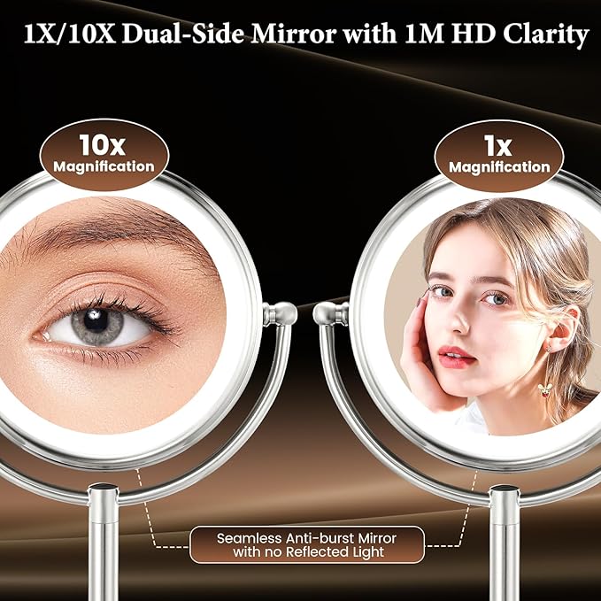 VESAUR 9.1" Large 5000mAh Rechargeable Lighted Makeup Mirror Nickel, 1X/10X/20X HD Magnifying with Compact Suction Mirror, 3 Color Dimmable Light, 360°Swivel Seamless Vanity Mirror, Gift Box