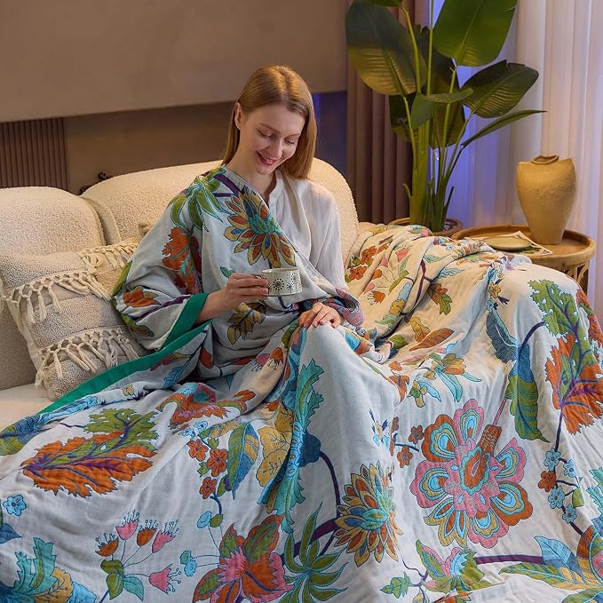 XIBLC Summer Throw Blanket, 50"x60" Reversible Bohemian Flower Blanket, 100% Cotton Muslin Breathable Woven, Farmhouse Decorative Throw Blanket