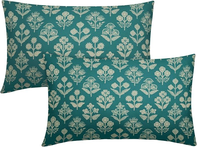 Teal Pillow Covers 12x20 Inch Set of 2, Cream Floral Block Print Pattern Lumbar Decorative Throw Pillowcases Outdoor Farmhouse Rectangle Cushion Covers Spring Summer Sofa Couch Bed Decor