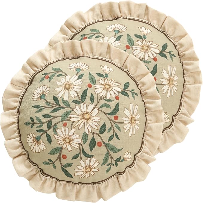 Vintage Linen Throw Pillow Cover,Set of 2,Diameter 16"-Brune C | Designer Elegant Round Pillow Cover,Concealed Zipper Design,Floral Pattern,Sofa,Bedroom,Living Room,Lounge Chairs