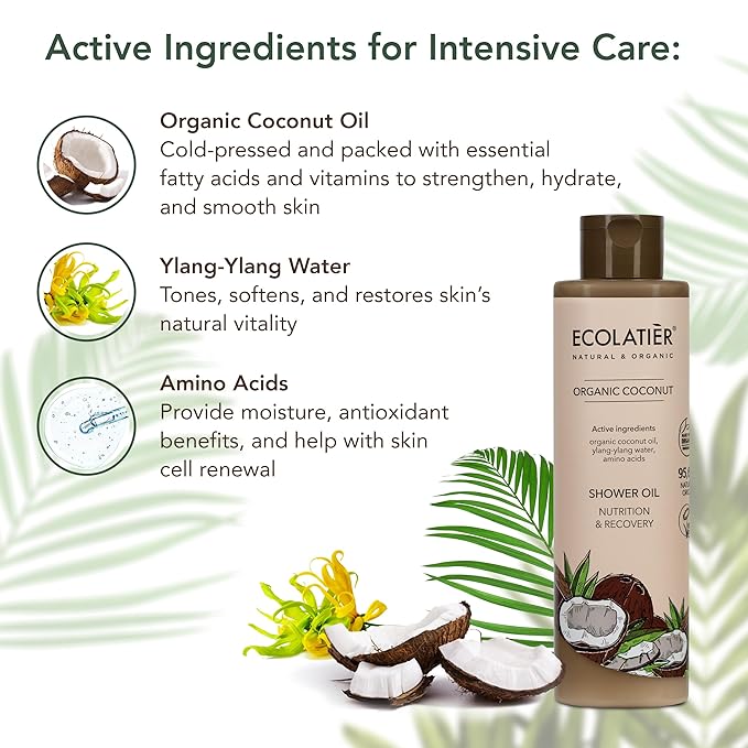 ECOLATIÈR Shower Oil – Organic Coconut Oil – Moisturizing & Nourishing Body Wash for Women, 95.5% Natural, Vegan, for Sensitive Skin - 8.5 Fl Oz (Coconut oil)