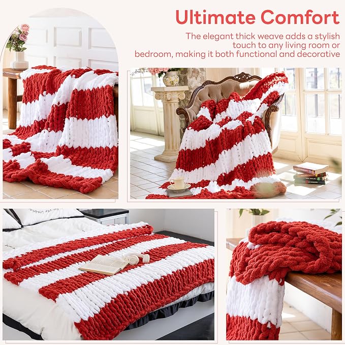Chunky Knit Blanket - Luxury Soft Cozy 50 * 60 Throw Blanket,100% Woven Blanket Rope Knot Throw Blanket for Couch, Sofa, Home Decor, Gift - Machine Washable (White/Wine red, 50 * 60)