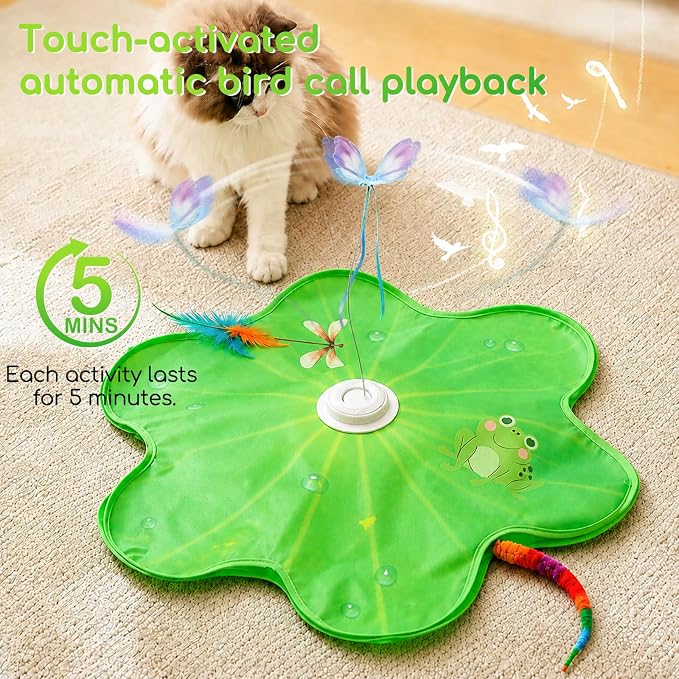 Interactive Cat Toys, Rechargeable with Auto Play and Bird Chirps | 3-in-1 hide and seek mat with fluttering butterfly, moving feather and plush tail, Perfect for indoor adult cats and kittens