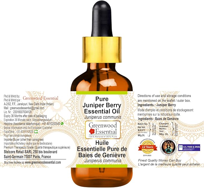 Greenwood Essential Pure Juniper Berry Essential Oil (Juniperus communis) with Glass Dropper Steam Distilled 10ml (0.33 oz)