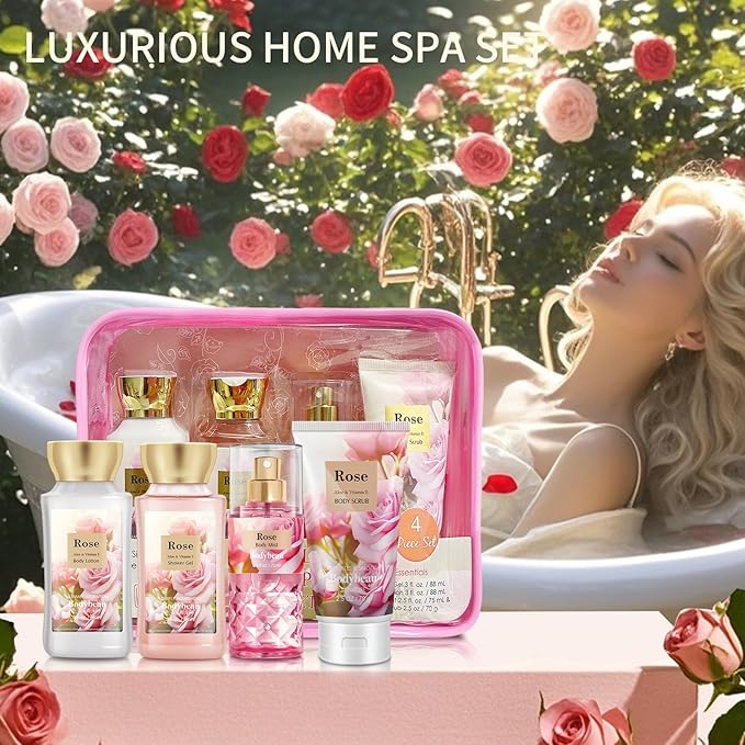 Mother's Day Rose Spa Gift Set - 4PCS Luxury Bath and Body Kit for Women with Shower Gel, Body Scrub, Lotion & Body Mist - Portable Travel Size Self Care Gift for Mom, Wife, or Her