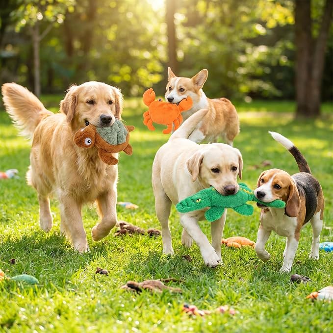 No Stuffing Dog Toys for Puppies, Small & Medium Dogs, 3 Pack Squeaky Crinkle Plush Toys for Teething & Anxiety Relief, Lightweight Interactive Animal Set to Keep Them Busy