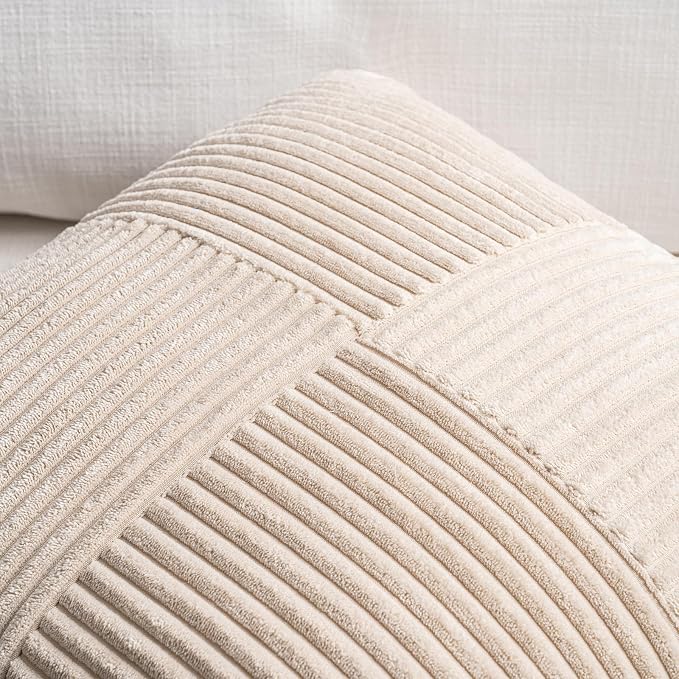 Fancy Homi Tan Lumbar Decorative Throw Pillow Covers 20x28 Inch for Living Room Couch Bed Sofa, Boho Home Decor, Soft Striped Corduroy Rectangle Accent Beige Cushion Case 50x70 cm