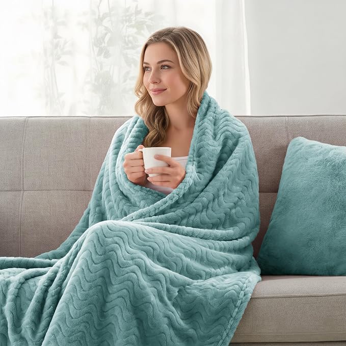 Exclusivo Mezcla Large Fleece Throw Blanket for Couch, Sofa, Celadon | 50"x70" Soft Breathable Lightweight Flannel Throws for Summer, Plush Cozy Jacquard Wave Blanket for Home Decor