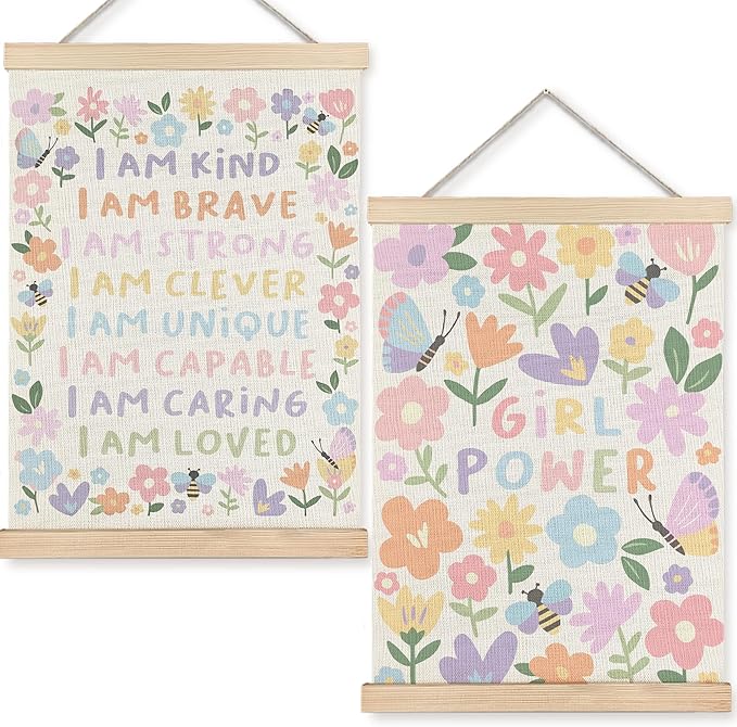 URLLUAE Girls Room Wall Decor, Nursery Colorful Flower Girly Wall Art With Wooden Poster Hanger, Pastel Floral Inspirational Canvas Prints Posters for Girls Room Nursery Playroom, 12x16 Inch Set of 2