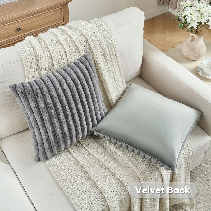 FUTEI Pack of 2 Faux Fur Throw Pillow Covers 26x26 Inch, Grey | Fluffy Faux Rabbit Fur Front/Premium Velvet Back,Hidden Zipper,Machine Washable,Non-Shedding,Colorfast,Insert Not Included.