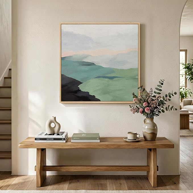 Framed Modern Neutral Green Landscape Abstract Wall Art, Square Minimalist Canvas Prints Paintings for Walls, Sage Green Nature Mountain Scene Pictures for Dining Bedroom Hallway Wall Decor 24x24 In