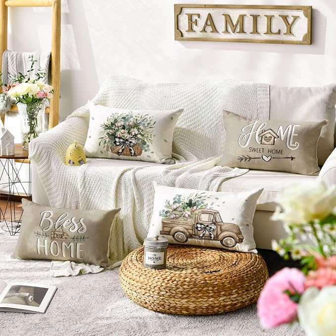 AVOIN Colorlife Bless Our Home Farmhouse Eucalyptus Leaves Throw Pillow Covers, 12 x 20 Inch Truck Sweet Home Cushion Case Decorations Set of 4