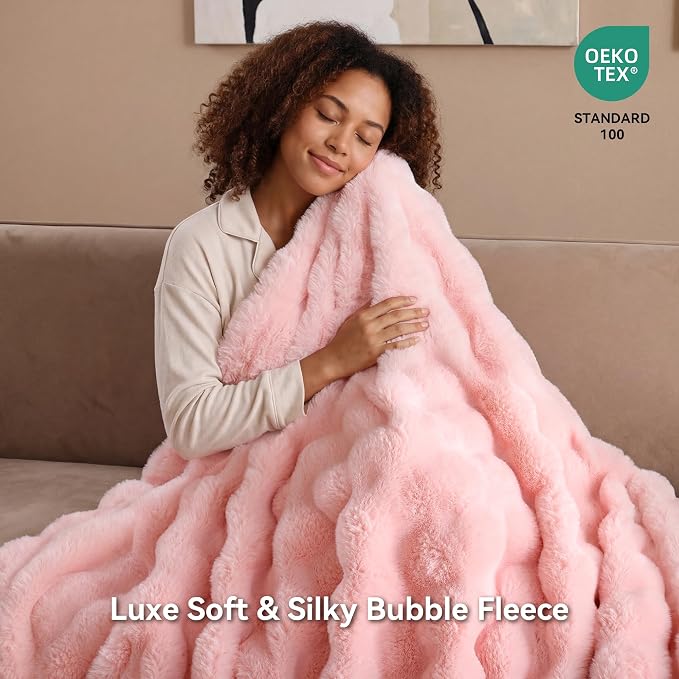 Faux Rabbit Fur Throw for Couch - Blush Pink Bubble Blanket 50"x60" | Fluffy Plush Fuzzy Throw for Sofa & Bed, Super Soft Cozy Comfrt Blanket, Luxury Aesthetic Pink Decor Gift for Women