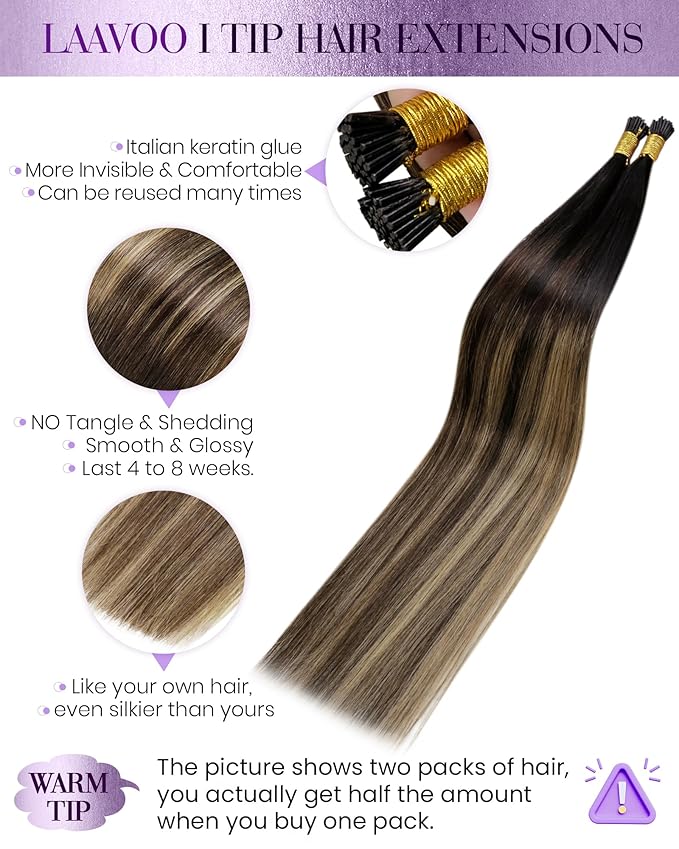 LaaVoo I Tip Hair Extensions Human Hair Itip Human Hair Extensions Silky Straight Balayage Natural Black to Medium Brown Ombre Caramel Brown 16 Inch 50g 60s