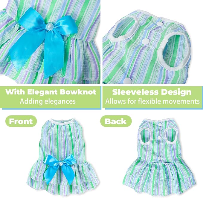 Dog Dress, Cute Pet Princess Dresses with Bright Color Design, Sweet Bowknot, Dog Clothes for Small Dogs Girl, Breathable & Lightweight, for Spring Summer, 2 Pack (Green Blue, Medium)