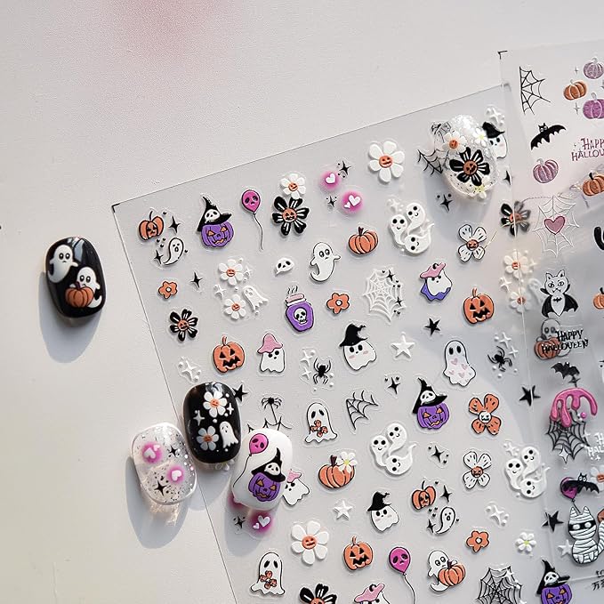 Halloween Nail Stickers for Nail Art, 5D Embossed Self-Adhesive Nail Decals Ghost Flower Spider Wed Nail Supplies Nail Art Design Accessories for Women and Girls Manicure DIY Decoration