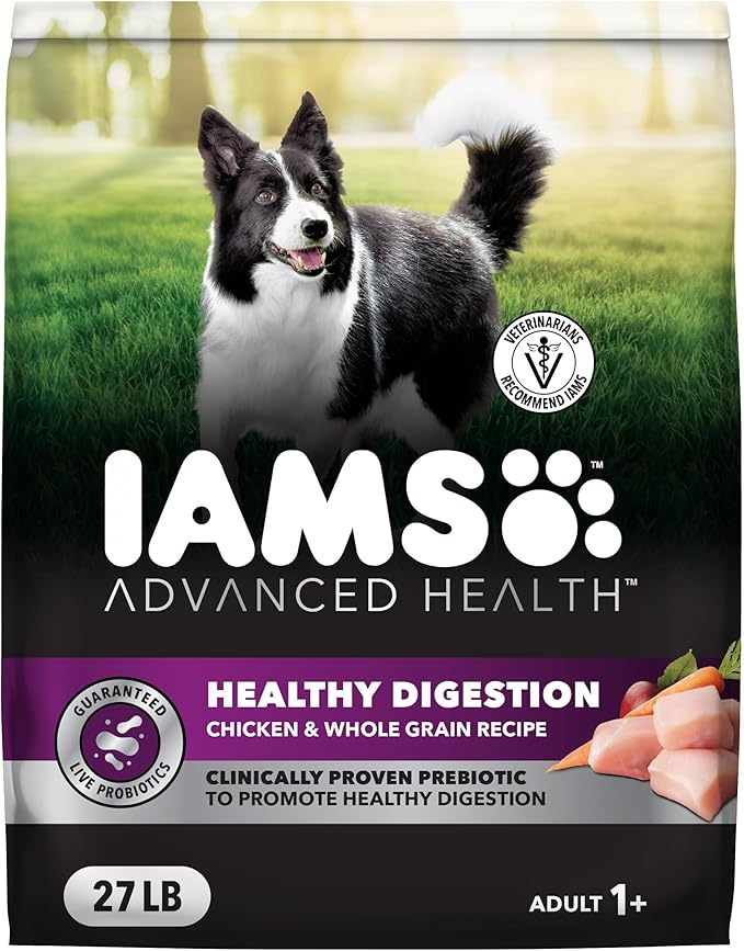 IAMS Advanced Health Healthy Digestion Dry Dog Food, Chicken, 27 lb | Real farm-raised chicken #1 ingredient, 0% fillers, natural fiber & prebiotics, supports digestive health