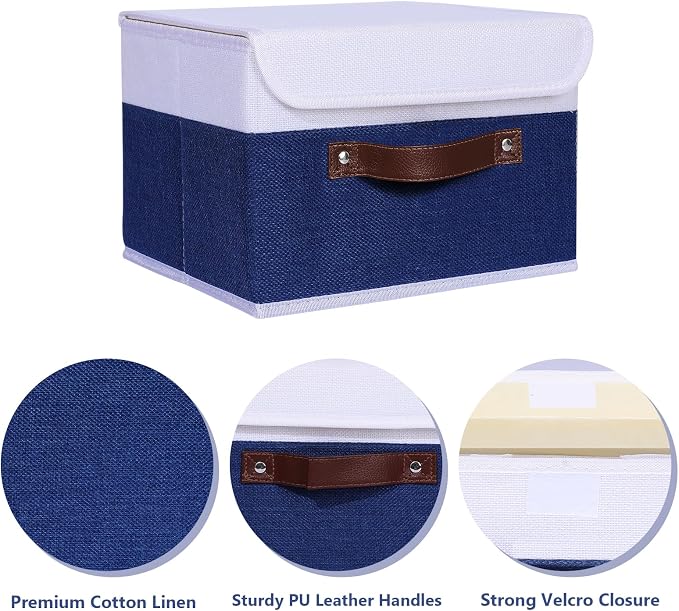 ANMINY Fabric Storage Box Bins with Lids, Blue White, 13"x9"x7.9", 2 Pack | Keepsake Memory Storage, Cotton Linen, PP Board Reinforced, Washable, PU Handles, Foldable & Stackable, Decorative, Medium