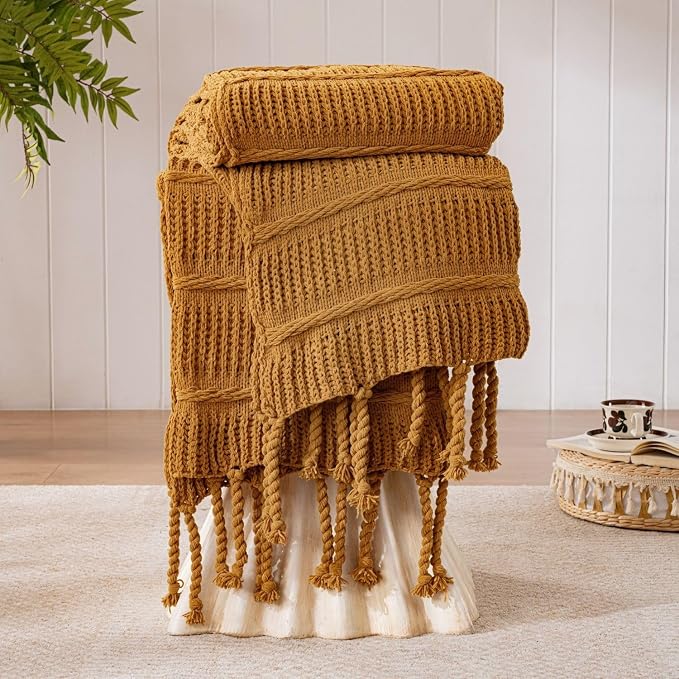 Boho Knitted Chenille Blanket with Tassels - Lightweight & Soft All-Season Throw - 3D Classic Pattern for Living Room Bedroom Couch, Amber Brown, King 90"x108"
