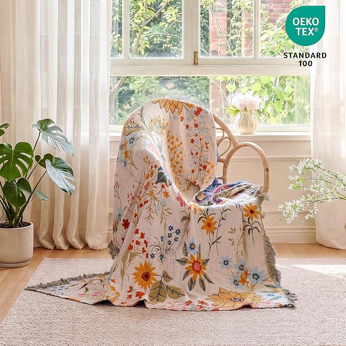 MSGKV Boho Throw Blanket 60"x80" Cotton Floral Twin Blanket for Couch Bed | 100% Cotton Muslin, Twin Size Throw Blanket, Floral Farmhouse Decor, Soft & Breathable, Lightweight Comfort, Machine Washable