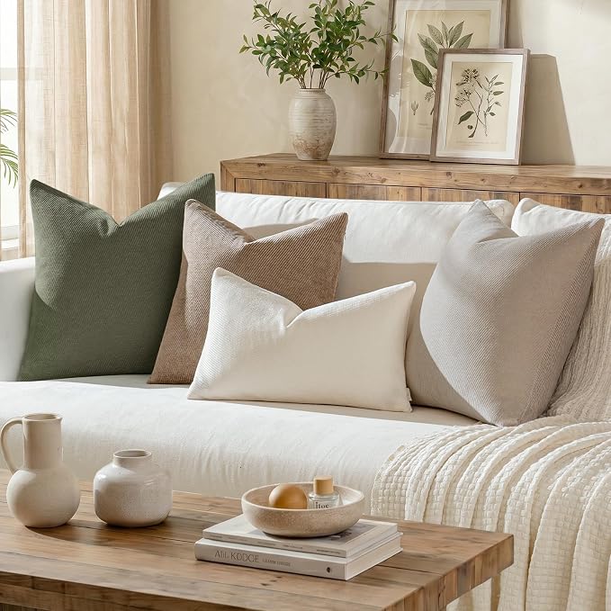a moment Pack of 2 Decorative Chenille Throw Pillow Covers with Twill Cushion Covers for Sofa Living Room Couch Bed 20x12 Inch Olive Green
